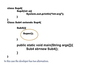 class Sup4{
Sup4(int a){
System.out.println(“int-arg”);
}
}
Class Sub4 extends Sup4{
}
Sub4(){
}
Super();
In this case the developer has two alternatives.
public static void main(String args[]){
Sub4 sb=new Sub4();
}
 