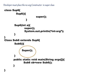 class Sup6{
Sup6(int a){
super();
System.out.println(“int-arg”);
}
}
Class Sub6 extends Sup6{
}
Sub6(){
}
Super();
Developer must place the no-arg Constructor in super class
public static void main(String args[]){
Sub6 sb=new Sub6();
}
Sup6(){
super();
}
 