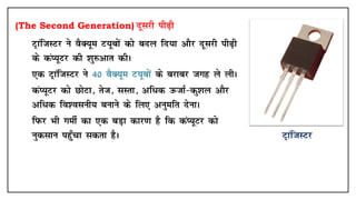 (The Second Generation) nwljh ih<+h
• VªkaftLVj us oSD;we V;wcksa dks cny fn;k vkSj nwljh ih<+h
ds daI;wVj dh 'kq#vkr dhA
• ,d VªkaftLVj us 40 oSD;we V;wcksa ds cjkcj txg ys yhA
• daI;wVj dks NksVk] rst] lLrk] vf/d mQtkZ&dq'ky vkSj
vf/d fo'oluh; cukus ds fy, vuqefr nsukA
• fiQj Hkh xehZ dk ,d cM+k dkj.k gS fd daI;wVj dks
uqdlku igq¡pk ldrk gSA VªkaftLVj
 