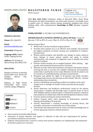 RN Joseph Atienza, HAAD, JCIA -TRAINED Comprehensive CV | DOC