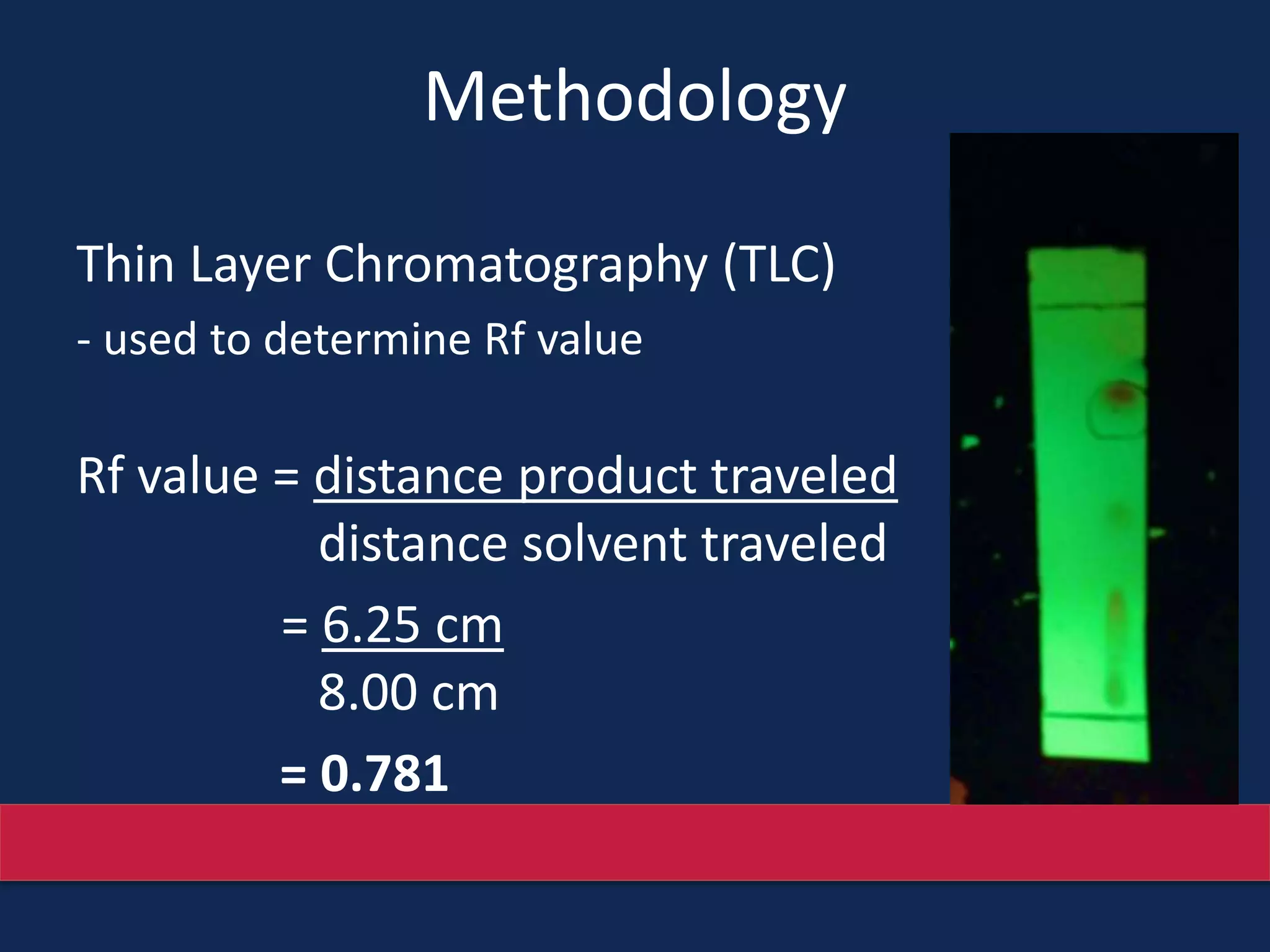 Methodology
Thin Layer Chromatography (TLC)
- used to determine Rf value
Rf value = distance product traveled
distance solvent traveled
= 6.25 cm
8.00 cm
= 0.781
 
