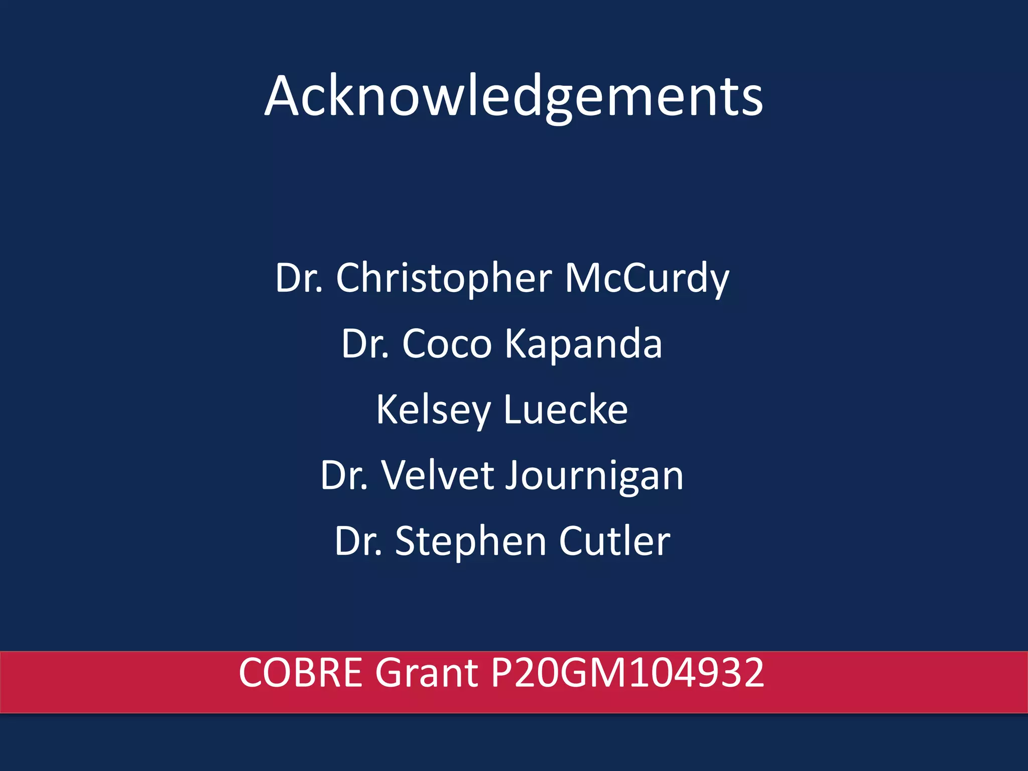 Acknowledgements
Dr. Christopher McCurdy
Dr. Coco Kapanda
Kelsey Luecke
Dr. Velvet Journigan
Dr. Stephen Cutler
COBRE Grant P20GM104932
 