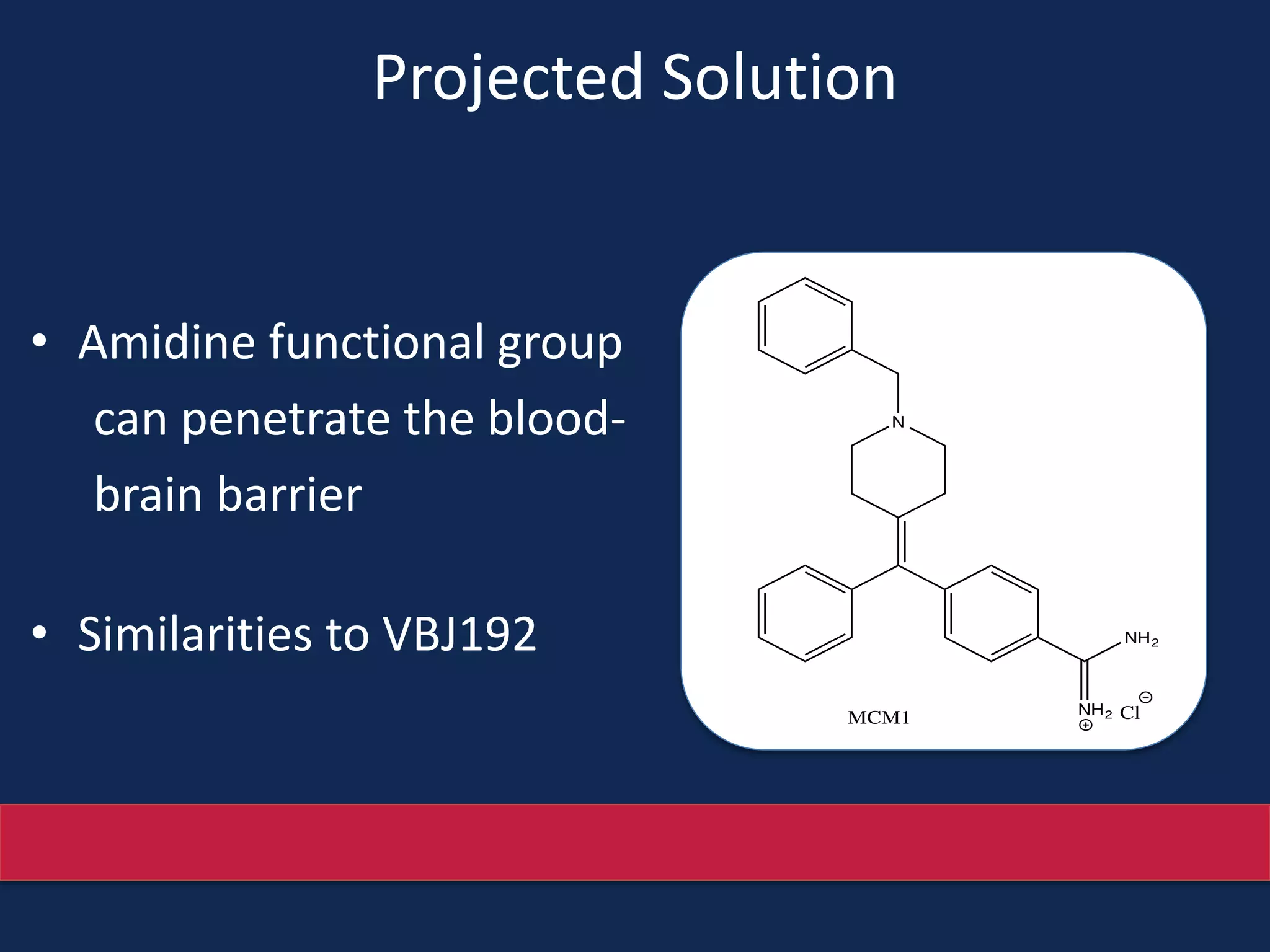 Projected Solution
• Amidine functional group
can penetrate the blood-
brain barrier
• Similarities to VBJ192
 