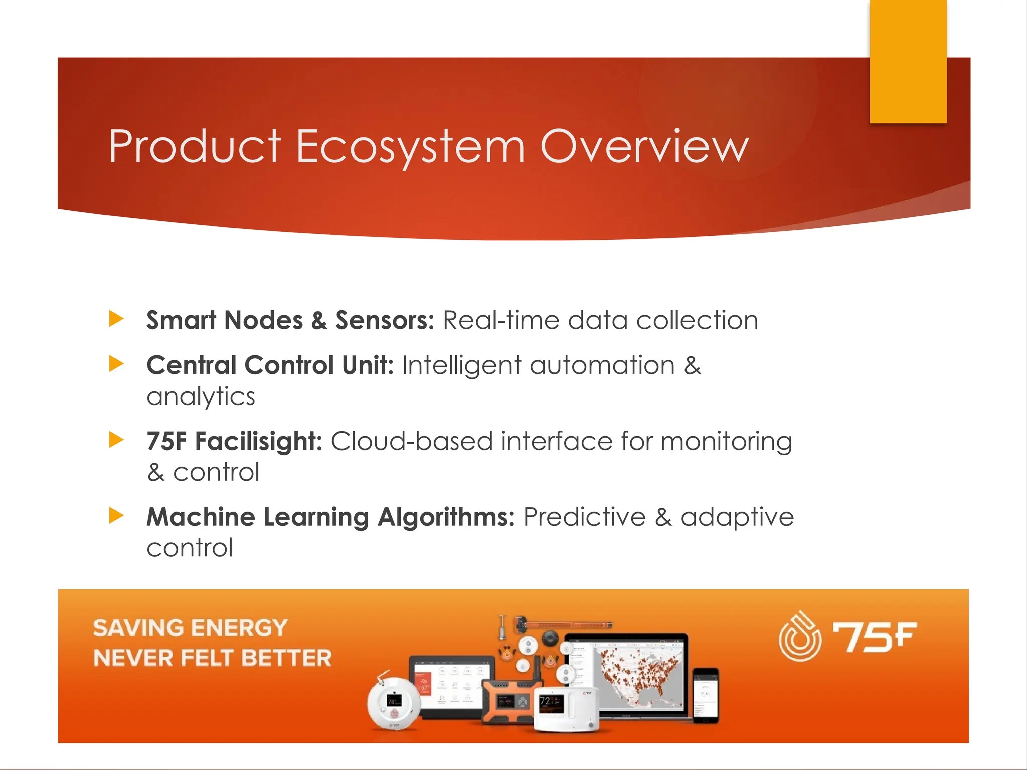 Product Ecosystem Overview
 Smart Nodes & Sensors: Real-time data collection
 Central Control Unit: Intelligent automation &
analytics
 75F Facilisight: Cloud-based interface for monitoring
& control
 Machine Learning Algorithms: Predictive & adaptive
control
 