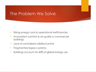 The Problem We Solve
 Rising energy costs & operational inefficiencies
 Inconsistent comfort & air quality in commercial
buildings
 Lack of centralized visibility/control
 Fragmented legacy systems
 Buildings account for 40% of global energy use
 
