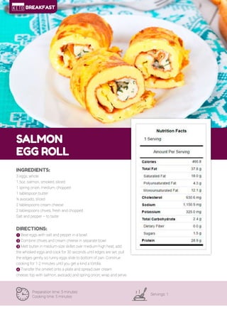 20
SALMON
EGG ROLL
Preparation time: 5 minutes
Cooking time: 5 minutes
Servings: 1
INGREDIENTS:
3 eggs, whole
1.5oz. salmon, smoked, sliced
1 spring onion, medium, chopped
1 tablespoon butter
½ avocado, sliced
2 tablespoons cream cheese
2 tablespoons chives, fresh and chopped
Salt and pepper – to taste
DIRECTIONS:
! Beat eggs with salt and pepper in a bowl.
" Combine chives and cream cheese in separate bowl.
# Melt butter in medium-size skillet over medium-high heat, add
the whisked eggs and cook for 30 seconds until edges are set, pull
the edges gently so runny eggs slide to bottom of pan. Continue
cooking for 1-2 minutes until you get a kind a tortilla.
$ Transfer the omelet onto a plate and spread over cream
cheese; top with salmon, avocado and spring onion; wrap and serve.
BREAKFAST
 