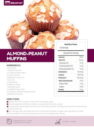 24
ALMOND-PEANUT
MUFFINS
Preparation time: 5 minutes
Cooking time: 25 minutes
Servings: 12 muffins
INGREDIENTS:
6 whole eggs
1 teaspoon cinnamon
¼ cup peanut butter, organic
2
⁄3 cup almond flour
2 tablespoons coconut oil
1 pinch salt
10 drops Stevia
¼ teaspoon nutmeg
1 tablespoon butter
¼ cup (60ml) heavy cream
¼ cup (40g) crushed and toasted almonds
2 tablespoons Erythritol
DIRECTIONS:
! Preheat oven to 375F and line 12-hole muffin tin with paper cases.
" Combine together almond flour, cinnamon, nutmeg, salt and Erythritol in a bowl.
# Combine butter, peanut butter and coconut oil in microwave safe bowl; microwave for 30 seconds; stir well and pour
over almond flour mix.
$ Stir in the eggs, Stevia and heavy cream and mix well. Spoon the batter into paper cases, sprinkle with crushed
almonds and bake for 20-25 minutes; place on wire rack to cool slightly before serving.
BREAKFAST
 