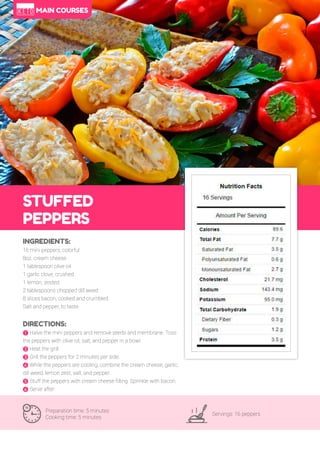 50
STUFFED
PEPPERS
Preparation time: 5 minutes
Cooking time: 5 minutes
Servings: 16 peppers
INGREDIENTS:
16 mini peppers, colorful
8oz. cream cheese
1 tablespoon olive oil
1 garlic clove, crushed
1 lemon, zested
2 tablespoons chopped dill weed
8 slices bacon, cooked and crumbled
Salt and pepper, to taste
DIRECTIONS:
! Halve the mini peppers and remove seeds and membrane. Toss
the peppers with olive oil, salt, and pepper in a bowl.
" Heat the grill.
# Grill the peppers for 2 minutes per side.
$ While the peppers are cooling, combine the cream cheese, garlic,
dill weed, lemon zest, salt, and pepper.
% Stuff the peppers with cream cheese filling. Sprinkle with bacon.
& Serve after.
MAIN COURSES
 
