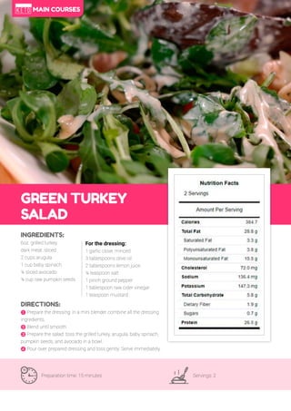 51
GREEN TURKEY
SALAD
Preparation time: 15 minutes Servings: 2
INGREDIENTS:
6oz. grilled turkey
dark meat, sliced
2 cups arugula
1 cup baby spinach
¼ sliced avocado
¼ cup raw pumpkin seeds
DIRECTIONS:
! Prepare the dressing: in a mini blender combine all the dressing
ingredients.
" Blend until smooth.
# Prepare the salad: toss the grilled turkey, arugula, baby spinach,
pumpkin seeds, and avocado in a bowl.
$ Pour over prepared dressing and toss gently. Serve immediately.
For the dressing:
1 garlic clove, minced
3 tablespoons olive oil
2 tablespoons lemon juice
¼ teaspoon salt
1 pinch ground pepper
1 tablespoon raw cider vinegar
1 teaspoon mustard
MAIN COURSES
 