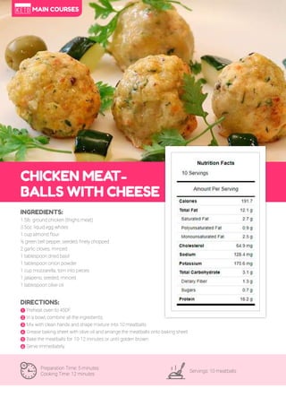 53
CHICKEN MEA
T-
BALLS WITH CHEESE
Preparation Time: 5 minutes
Cooking Time: 12 minutes
Servings: 10 meatballs
INGREDIENTS:
1.5lb. ground chicken (thighs meat)
3.5oz. liquid egg whites
1 cup almond flour
½ green bell pepper, seeded, finely chopped
2 garlic cloves, minced
1 tablespoon dried basil
1 tablespoon onion powder
1 cup mozzarella, torn into pieces
1 jalapeno, seeded, minced
1 tablespoon olive oil
DIRECTIONS:
! Preheat oven to 450F.
" In a bowl, combine all the ingredients.
# Mix with clean hands and shape mixture into 10 meatballs.
$ Grease baking sheet with olive oil and arrange the meatballs onto baking sheet.
% Bake the meatballs for 10-12 minutes or until golden brown.
& Serve immediately.
MAIN COURSES
 