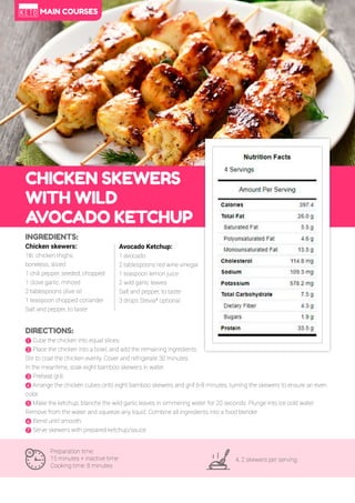 72
CHICKEN SKEWERS
WITH WILD
AVOCADO KETCHUP
Preparation time:
15 minutes + inactive time
Cooking time: 8 minutes
4, 2 skewers per serving
INGREDIENTS:
Chicken skewers:
1lb. chicken thighs,
boneless, sliced
1 chili pepper, seeded, chopped
1 clove garlic, minced
2 tablespoons olive oil
1 teaspoon chopped coriander
Salt and pepper, to taste
DIRECTIONS:
! Cube the chicken into equal slices.
" Place the chicken into a bowl, and add the remaining ingredients.
Stir to coat the chicken evenly. Cover and refrigerate 30 minutes.
In the meantime, soak eight bamboo skewers in water.
# Preheat grill.
$ Arrange the chicken cubes onto eight bamboo skewers and grill 6-8 minutes, turning the skewers to ensure an even
color.
% Make the ketchup; blanche the wild garlic leaves in simmering water for 20 seconds. Plunge into ice cold water.
Remove from the water and squeeze any liquid. Combine all ingredients into a food blender.
& Blend until smooth.
' Serve skewers with prepared ketchup/sauce.
Avocado Ketchup:
1 avocado
2 tablespoons red wine vinegar
1 teaspoon lemon juice
2 wild garlic leaves
Salt and pepper, to taste
3 drops Stevia* optional
MAIN COURSES
 