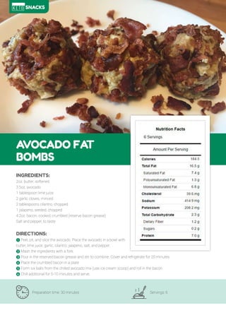 81
AVOCADO FA
T
BOMBS
Preparation time: 30 minutes Servings: 6
INGREDIENTS:
2oz. butter, softened
3.5oz. avocado
1 tablespoon lime juice
2 garlic cloves, minced
2 tablespoons cilantro, chopped
1 jalapeno, seeded, chopped
4.2oz. bacon, cooked, crumbled (reserve bacon grease)
Salt and pepper, to taste
DIRECTIONS:
! Peel, pit, and slice the avocado. Place the avocado in a bowl with
butter, lime juice, garlic, cilantro, jalapeno, salt, and pepper.
" Mash the ingredients with a fork.
# Pour in the reserved bacon grease and stir to combine. Cover and refrigerate for 20 minutes.
$ Place the crumbled bacon in a plate.
% Form six balls from the chilled avocado mix (use ice cream scoop) and roll in the bacon.
' Chill additional for 5-10 minutes and serve.
SNACKS
 