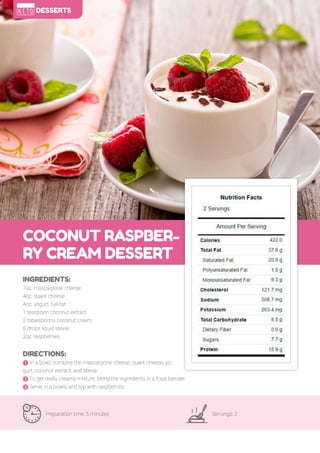 106
COCONUT RASPBER-
RY CREAM DESSERT
Preparation time: 5 minutes Servings: 2
INGREDIENTS:
7oz. mascarpone cheese
4oz. quark cheese
4oz. yogurt, full-fat
1 teaspoon coconut extract
2 tablespoons coconut cream
8 drops liquid stevia
2oz. raspberries
DIRECTIONS:
! In a bowl, combine the mascarpone cheese, quark cheese, yo-
gurt, coconut extract, and stevia.
" To get really creamy mixture, blend the ingredients in a food blender.
# Serve in a bowls and top with raspberries.
DESSERTS
 
