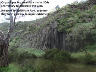 Organ Pipes National Park has its 50th
anniversary to celebrate this year.
Adjacent to Sydenham Park, together
they form gateway to upper catchment.
 