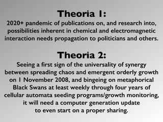 Theoria 1:
2020+ pandemic of publications on, and research into,
possibilities inherent in chemical and electromagnetic
interaction needs propagation to politicians and others.
Theoria 2:
Seeing a first sign of the universality of synergy
between spreading chaos and emergent orderly growth
on 1 November 2008, and bingeing on metaphorical
Black Swans at least weekly through four years of
cellular automata seeding programs/growth monitoring,
it will need a computer generation update
to even start on a proper sharing.
 