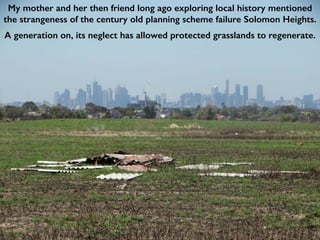 My mother and her then friend long ago exploring local history mentioned
the strangeness of the century old planning scheme failure Solomon Heights.
A generation on, its neglect has allowed protected grasslands to regenerate.
 