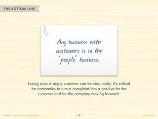 THE BOTTOM LINE




                                               Any business with
                                              customers is in the
                                               “people” business.

                             Losing even a single customer can be very costly. It’s critical
                               for companies to turn a complaint into a positive for the
                                   customer and for the company moving forward.




CHAPTER 1: THE COST OF BAD CUSTOMER SERVICE                13                                  HelpScout.net
 