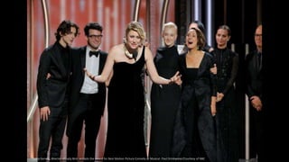 Greta Gerwig, director of Lady Bird, accepts the award for Best Motion Picture Comedy or Musical. Paul Drinkwater/Courtesy of NBC
 