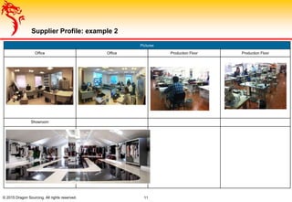 © 2015 Dragon Sourcing. All rights reserved. 11
Supplier Profile: example 2
Pictures
Office Office Production Floor Production Floor
Showroom
 