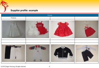 © 2015 Dragon Sourcing. All rights reserved. 8
Supplier profile: example
Pictures
Products
 