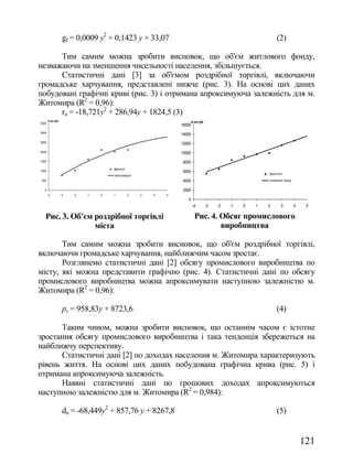 gf = 0,0009 y2 + 0,1423 y + 33,07                                                      (2)

      Тим самим можна зробити висновок, що об'єм житлового фонду,
незважаючи на зменшення чисельності населення, збільшується.
      Статистичні дані [3] за об'ємом роздрібної торгівлі, включаючи
громадське харчування, представлені нижче (рис. 3). На основі цих даних
побудовані графічні криві (рис. 3) і отримана апроксимуюча залежність для м.
Житомира (R2 = 0,96):
      rn = -18,721y2 + 286,94y + 1824,5 (3)
       млн.грн                                                      млн.грн
3500
                                                               16000
3000
                                                               14000
2500                                                           12000
2000                                                           10000
1500                                                            8000
                                    фактичні
1000                                                            6000                                 фактичні
                                    апроксимація
 500                                                            4000                                 лінейний тренд

   0                                                            2000
       -4        -3   -2   -1   0   1          2   3   4   5
                                                                   0
                                                                       -4     -3   -2   -1   0   1   2      3         4    5

   Рис. 3. Об’єм роздрібної торгівлі                                    Рис. 4. Обсяг промислового
                 міста                                                          виробництва

       Тим самим можна зробити висновок, що об'єм роздрібної торгівлі,
включаючи громадське харчування, найближчим часом зростає.
       Розглянемо статистичні дані [2] обсягу промислового виробництва по
місту, які можна представити графічно (рис. 4). Статистичні дані по обсягу
промислового виробництва можна апроксимувати наступною залежністю м.
Житомира (R2 = 0,96):

                  рv = 958,83y + 8723,6                                                                  (4)

      Таким чином, можна зробити висновок, що останнім часом є істотне
зростання обсягу промислового виробництва і така тенденція збережеться на
найближчу перспективу.
      Статистичні дані [2] по доходах населення м. Житомира характеризують
рівень життя. На основі цих даних побудована графічна крива (рис. 5) і
отримана апроксимуюча залежність.
      Наявні статистичні дані по грошових доходах апроксимуються
наступною залежністю для м. Житомира (R2 = 0,984):

                  dn = -68,449y2 + 857,76 y + 8267,8                                                     (5)


                                                                                                                          121
 