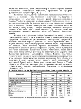 роздільного харчування, дієти Середземномор‘я, індексів харчової цінності,
абсолютизації оптимального харчування, пробіотиків та продуктів
функціонального харчування [3,4,5,8,12].
        Як показує аналіз сутності і застосування різних концепцій харчування
людини, за наявності в них позитивних і негативних рис, бездумне їх
використання без урахування сучасних реалій соціально-економічного
розвитку України та вітчизняних досліджень окремої проблеми може привести
до негативних наслідків. За наявними статистичними даними, що в останні
роки у населення України спостерігається значне порушення структури
харчування, а саме: дефіцит у раціоні продуктів тваринного походження
(молоко, м'ясо, риба, яйця), свіжої рослинної їжі (фрукти, овочі) при
надлишковому споживанні тваринних жирів, хлібобулочних і борошняних
виробів.
        На нашу думку, причинами такої розбалансованості є низька купівельна
спроможність населення, а також недостатні знання та низький рівень культури
харчування. Нераціональне, розбалансоване, полідефіцитне харчування у
більшості населення України зумовлює так званий прихований голод за
рахунок дефіциту в раціоні мікронутрієнтів: вітамінів, макро- і мікроелементів.
Як наслідок, різко зростають хронічні неінфекційні захворювання,
поширюються соціально зумовлені інфекційні хвороби, такі як туберкульоз,
який також пов'язаний з недостатнім білковим харчуванням. Таким чином,
прихований голод загрожує фізичному та інтелектуальному здоров‘ю нації.
Залишається критичною і демографічна ситуація. Щорічно скорочується
тривалість життя населення. Сучасний стан споживання основних продуктів на
душу населення характеризується значним зменшенням його обсягів, стає
критичним і являє реальну загрозу здоров‘ю нації, продовольчій та
національній безпеці країни. Оцінка стану продовольчої безпеки в Україні
свідчить, що абсолютне зменшення рівня споживання продуктів харчування
супроводжується значною невідповідністю фактичного та нормативного
споживання (табл. 1).
 1. Індикатори достатності споживання продуктів харчування в Україні, %
                              Раціональні                 Рік
         Показники           норми (МОЗ),
                                   кг      1995     2000      2005      2009
 М‘ясо та м‘ясопродукти           80        48,6    41,0       48(      62,1
 Молоко та молочні продукти       380       64,1    52,4       54,9     55,9
 Хлібні продукти                  101      127,1    123,7     122,3     110,6
 Картопля                         124       99,8    109,2     109,4     107,3
 Овочі та баштанні                161       60,0    63,2       74,7     85,2
 Плоди та ягоди                   90        37,1    32,6       41,2     50,7
 Риба та рибні продукти           20        18,0    42,0       72,0     75,5
 Цукор                            38        83,2    96,8      100,3     99,7
 Олія                             13        63,1    72,3      103,8     118,5
Розраховано автором за даними Державного комітету статистики України.

                                                                          217
 