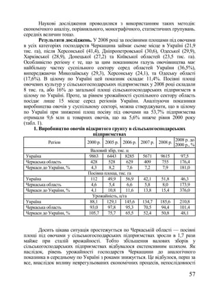 Наукові дослідження проводилися з використанням таких методів:
економічного аналізу, порівняльного, монографічного, статистичних групувань.
середніх величин тощо.
        Результати досліджень. У 2008 році за посівними площами під овочами
в усіх категоріях господарств Черкащина займає сьоме місце в Україні (21,9
тис. га), після Херсонської (41,4), Дніпропетровської (30,6), Одеської (29,9),
Харківської (28,9), Донецької (27,2) та Київської областей (23,5 тис. га).
Особливістю регіону є те, що за цим показником галузь овочівництва має
найбільшу частку суспільного сектору серед областей України (36,5%),
випереджаючи Миколаївську (29,3), Херсонську (24,1), та Одеську області
(17,6%). В цілому по Україні цей показник складає 11,4%. Посівні площі
овочевих культур у сільськогосподарських підприємствах у 2008 році складали
8 тис. га, або 16% до загальної площі сільськогосподарських підприємств в
цілому по Україні. Проте, за рівнем урожайності суспільного сектору область
посідає лише 15 місце серед регіонів України. Аналізуючи показники
виробництва овочів у суспільному секторі, можна стверджувати, що в цілому
по Україні при зниженні площ посіву під овочами на 53,7% підприємства
отримали 9,6 млн ц товарних овочів, що на 5,6% нижче рівня 2000 року
(табл. 1).
     1. Виробництво овочів відкритого грунту в сільськогосподарських
                               підприємствах
                                                                        2008 р. до
           Регіон           2000 р. 2005 р. 2006 р. 2007 р. 2008 р.
                                                                        2000 р., %
                              Валовий збір, тис. ц
Україна                      9863     6443      8285    5671    9615      97,5
Черкаська область             428      528       629     409    755       176,4
Черкаси до України, %          4,3      8,2       7,6    7,2     7,9      181,0
                             Посівна площа, тис. га
Україна                       112      49,9      56,9   42,1    51,8      46,3
Черкаська область              4,6      5,4       6,6   5,8     8,0       173,9
Черкаси до України, %          4,1     10,8      11,6   13,8    15,4      376,0
                                Урожайність, ц/га
Україна                       88,1    129,1     145,6   134,7   185,6     210,8
Черкаська область             93,0     97,8      95,3   70,5     94,4     101,4
Черкаси до України, %        105,7     75,7      65,5   52,4     50,8     48,1


       Досить цікава ситуація простежується по Черкаській області — посівні
площі під овочами у сільськогосподарських підприємствах зросли в 1,7 рази
майже при сталій врожайності. Тобто збільшення валових зборів у
сільськогосподарських підприємствах відбувалося екстенсивним шляхом. Як
наслідок, рівень урожайності господарств Черкащини до аналогічного
показника в середньому по Україні з роками знижується. Це відбулося, перш за
все, внаслідок впливу неврегульованих економічних процесів, непослідовності

                                                                               57
 