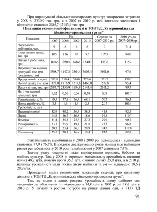 При вирощуванні сільськогосподарських культур товариство затратило
у 2008 р. 2330,9 тис. грн, а в 2007 та 2010 р. цей показник зменшився і
відповідно становив 2185,7 і 2143,4 тис. грн
    Показники економічної ефективності в ТОВ ТД „Катеринопільська
                       фінансово-промислова група‖
                                         Рік                  Середнє за      2010 у% до
      Показник
                          2007    2008         2009   2010   2007–2010 рр.   2007–2010 рр.
Чисельність
                            9      8            6      5          7              71,4
робітників, чол.
Фонд оплати праці,
                           105    156          85     92         109,5           84,0
тис. грн
Оплата 1 робітника,
                          11666 19500 14166 18400               15933            115,4
грн
Виробництво валової
продукції, тис. грн       3508,7 4147,8 3504,4 3603,4           3691,0           97,6
(рослинництво)
Продуктивність праці       389,8 518,4 584,0 720,6               553,2           130,2
Чистий дохід, тис. грн    1323,0 1816,9 1519,6 1460,0           1529,8           95,4
Всього затрат, тис. грн   2185,7 2330,9 1984,8 2143,4           2161,2           99,7
На 1 грн валової
                           0,62   0,56         0,56   0,59       0,58            101,7
продукції, грн
Рентабельність, %          60,5   77,9         76,5   68,1       70,7            96,3
Норма прибутку, %           3,5    1,6          1,9   2,5        2,37            105,4
Урожайність, ц/га
Пшениці озимої             42,9   48,2         36,5   38,3       41,4            92,5
Льону                      14,8   16,7         16,9   18,6       16,8            110,7
Ячменю                     31,4   35,3         25,7   27,2       29,9            90,7
Ріпакуозимого              23,2   25,9         19,3   21,8       22,5            96,8
Сої                        20,7   23,4         26,1   28,9       24,7            117,0
Соняшнику                  25,5   28,1         16,6   18,4       22,2            82,8

       Рентабельність виробництва у 2008 і 2009 рр. підвищилася і відповідно
становила 77,9 і 76,5%. Впродовж досліджуваних років різниця між найвищим
рівнем рентабельності у 2010 році та найнижчим у 2007 становила 7,4%.
       Значну увагу товариство надає вирощуванню зернових, бобових та
олійних культур. Так, у 2008 р. отримали максимальну врожайність пшениці
озимої 48,2 ц/га, ячменю ярого 35,3 ц/га, озимого ріпаку 25,9 ц/га, а в 2010 р.
найвищу урожайність мали посіви льону олійного та сої — відповідно 18,6 і
28,9 ц/га.
       Проведений аналіз економічних показників свідчить про позитивну
діяльність ТОВ ТД „Катеринопільська фінансово-промислова група‖.
       Так, як видно з даних рисунка урожайність льону олійного має
тенденцію до збільшення — відповідно з 14,8 ц/га у 2007 р. до 18,6 ц/га у
2010 р. У зв‘язку з ростом потреби на ринку лляної олії, в ТОВ ТД

                                                                                         91
 