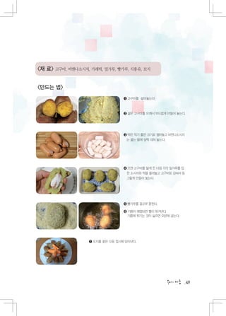 재 료   고구마, 비엔나소시지, 가래떡, 밀가루, 빵가루, 식용유, 꼬지



만드는 법
                                   ➊  구마를 삶아놓는다
                                     고



                                   ➋ 삶은 고구마를 으깨서 부드럽게 만들어 놓는다.




                                   ➌  은 먹기 좋은 크기로 썰어놓고 비엔나소시지
                                     떡
                                    는 꿇는 물에 살짝 데쳐 놓는다.




                                   ➍  깬 고구마를 얇게 핀 다음 각각 밀가루를 입
                                     으
                                    힌 소시지와 떡을 올려놓고 고구마로 감싸서 동
                                    그랗게 만들어 놓는다.




                                   ➎ 빵가루를 골고루 묻힌다.

                                   ➏ 기름이 예열되면 빨리 튀겨낸다.
                                     기름에 튀기는 것이 싫으면 오븐에 굽는다.




                    ➐ 꼬지를 꽃은 다음 접시에 담아낸다.




                                                                  49
 