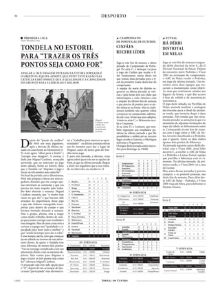 34
4 NOV
DESPORTO
10ª JORNADA
V. Guimarães 4/11 – 20h30 Nacional
Estoril Praia 5/11 – 16h00 Tondela
Paços Ferreira 5/11 – 16h00 Chaves
Feirense 5/11 – 18h15 Belenenses
Rio Ave 5/11 – 20h30 Boavista
Moreirense 6/11 – 16h00 V. Setúbal
FC Porto 6/11 – 18h00 Benfica
Sporting 6/11 – 20h15 Arouca
Marítimo 6/11 – 20h30 Braga
P J V E D
1 Benfica 25 9 8 1 0
2 FC Porto 20 9 6 2 1
3 Braga 20 9 6 2 1
4 Sporting 18 9 5 3 1
5 V. Guimarães 17 9 5 2 2
6 Chaves 13 9 3 4 2
7 Rio Ave 11 9 3 2 4
8 Feirense 11 9 3 2 4
9 Marítimo 10 9 3 1 5
10 Boavista 10 9 2 4 3
11 V. Setúbal 10 9 2 4 3
12 Paços Ferreira 9 9 2 3 4
13 Belenenses 9 9 2 3 4
14 Estoril Praia 8 9 2 2 5
15 Arouca 8 9 2 2 5
16 Nacional 8 9 2 2 5
17 Moreirense 8 9 2 2 5
18 Tondela 6 9 1 3 5
Joga-se este fim de semana o segun-
do dérbi distrital da série C, da II
Divisão Nacional de futsal. Depois
do encontro entre Pedreles e Viseu
2001 no arranque do campeonato,
o ABC de Nelas recebe o Pedreles,
em jogo da sétima jornada. Um en-
contro entre duas equipas que tra-
çaram a manutenção como objeti-
vo, mas que continuam coladas aos
lugares da frente, e que dão acesso
à fase de subida e de manutenção
automática.
O jogo deste sábado, no Pavilhão de
Nelas, assinala também a contagem
decrescente para o final da primei-
ra ronda, que termina daqui a duas
jornadas. Três rondas que vão certa-
mente prender as atenções já que é o
momento de algumas formações do
topo da tabela se defrontarem entre
si. Começando já este fim de sema-
na com o jogo entre o ABC de Ne-
las, terceiro classificado e o Pedreles,
que é quarto. Entre os dois clubes
apenas dois pontos de diferença.
Na jornada seguinte outro dérbi dis-
trital com o Viseu 2001, atual líder
da série C, a receber o ABC de Nelas
e o Pedreles o Lamas Futsal, equipa
que partilha a liderança com os vi-
seenses. Na última jornada, da pri-
meira ronda, o Viseu 2001 vai a casa
do Lamas.
Mas antes dessas jornadas é preciso
cumprir, e se possível pontuar, nas
deste fim de semana. Para além des-
se ABC de Nelas – Pedreles, o Viseu
2001 viaja até Mira, para defrontar o
Domus Nostra.
FUTSAL
HÁ DÉRBI
DISTRITAL
EM NELAS
P J V E D
1 Viseu 2001 16 6 5 1 0
2 Lamas Futsal 16 6 5 1 0
3 ABC Nelas 14 6 4 2 0
4 Pedreles 12 6 4 0 2
5 Cariense 8 6 2 2 2
6 Ossela 6 6 2 0 4
7 Domus Nostra 4 5 1 1 3
8
Saavedra
Guedes
4 6 1 1 4
9
União de
Chelo
3 5 1 0 4
10 Casal Cinza 0 6 0 0 6
7ª JORNADA
União de
Chelo
5/11 – 18h00 Ossela
ABC Nelas 5/11 – 18h00 Pedreles
Cariense
5/11 – 18h00 Casal
Cinza
Domus Nostra 5/11 – 19h00 Viseu 2001
Lamas Futsal
5/11 – 21h00 Saavedra
Guedes
Serie C
P J V E D
1 Sanjoanense 19 8 6 1 1
2 SC Salgueiros 19 8 6 1 1
3 Sousense 13 8 4 1 3
4 SC Coimbrões 12 8 3 3 2
5 Estarreja 11 8 3 2 3
6 Oliveirense 11 8 3 2 3
7 Cinfães 9 8 3 0 5
8 Gondomar 8 8 2 2 4
9
Moimenta
da Beira
6 8 1 3 4
10 Cesarense 3 8 0 3 5
8ª JORNADA
SC Salgueiros 6/11-18h00 Gondomar
Oliveirense 6/11-18h00 Estarreja
SC
Coimbrões
6/11-18h00
Sousense
Moimenta
da Beira
6/11-18h00 Cesarense
Cinfães 6/11-18h00 Sanjoanense
Serie C
P J V E D
1 Gafanha 19 8 6 1 1
2 Anadia 16 8 4 4 0
3 Lusitano FCV 14 8 4 2 2
4 Águeda 11 8 3 2 3
5 CD Gouveia 11 8 3 2 3
6 Mortágua 10 8 2 4 2
7 Pampilhosa 8 8 2 2 4
8 ANogueirense 7 8 1 4 3
9 Tourizense 7 8 2 1 5
10 Académica 5 8 1 2 5
8ª JORNADA
Lusitano 6/11-18h00 Gouveia
Mortágua 6/11-18h00 Nogueirense
Gafanha 6/11-18h00 Tourizense
Académica 6/11-18h00 Águeda
Anadia 6/11-18h00 Pampilhosa
Serie D
Joga-se este fim de semana a oitava
jornada do Campeonato de Portu-
gal. Na série C, o destaque vai para
o jogo do Cinfães que recebe o lí-
der Sanjoanense, numa altura em
que restam duas jornadas para o fi-
nal da primeira ronda desta fase do
campeonato.
A equipa do norte do distrito re-
gressou na última jornada às vitó-
rias e pela frente terá um clube que
interrompeu o ciclo vitorioso com
o empate do último fim de semana
e que precisa de pontos para se po-
derdestacarnafrente.Masoscinfa-
nenses também não querem voltar
a tropeçar no campeonato, sobretu-
do em casa, frente aos seus adeptos.
Ainda na série C, o Moimenta rece-
be o Cesarense.
Já na série D, o Lusitano, que tam-
bém regressou aos resultados po-
sitivos na última jornada e que lhe
possibilitou a subida até ao terceiro
lugar,recebeoGouveia,oMortágua
defronta o Nogueirense.
Os jogos desta jornada estão marca-
dos para domingo, às 15h00.
CAMPEONATO
DE PORTUGAL DE FUTEBOL
CINFÃES
RECEBE LÍDER
APAGAR A (MÁ) IMAGEM DEIXADA NA ÚLTIMA JORNADA É
O OBJETIVO. EQUIPA ADMITE QUE PETIT TEVE RAZÃO NAS
CRÍTICAS E RECONHECE QUE A QUALIDADE E A CAPACIDADE
DO GRUPO É PARA FAZER MAIS E MELHOR
PRIMEIRA LIGA
Texto Micaela Costa
TONDELA NO ESTORIL
PARA “TRAZER OS TRÊS
PONTOS SEJA COMO FOR”
Depois do “puxão de orelhas”
de Petit aos seus jogadores,
após a derrota da última jor-
nada em casa frente ao Moreirense (1-
2), resta agora “olhar para a frente” e
“corrigir essa imagem”. A certeza é
dada por Miguel Cardoso, avançado
auriverde, que na antevisão ao jogo
deste sábado, frente ao Estoril, disse
que o Tondela vai “disputar o jogo e
trazer os três pontos seja como for”.
NofinaldapartidacomoMoreirense,
Petit não poupou criticas aos seus jo-
gadores dizendo que em campo ape-
nas estiveram as camisolas e que era
preciso ter mais respeito pelo traba-
lho feito durante a semana. Miguel
Cardoso assumiu que “o mister tem
razão no que diz” e que haviam sido
avisados da importância desse jogo
e que não tinham conseguido trans-
portar para dentro de campo o que
haviam treinado durante a semana.
Mas o grupo, afirma, está a reagir
como muito trabalho dentro de cam-
poparatentarcorrigiresseresultadoe
essa imagem. Mas de uma coisa tem a
certeza: a equipa tem “qualidade e ca-
pacidade para fazer mais e melhor” e
que “ainda há tempo para dar a volta”.
E esse tempo, alerta, tem que começar
jáestesábadonoterrenodeumadver-
sário direto, de quem o Tondela tem
uma diferença de menos dois pontos.
“Vaiserumjogocomplicado,comum
adversário direto, com os mesmos ob-
jetivos. Mas vamos para disputar o
jogo e trazer os três pontos seja como
for”, afirmou Miguel Cardoso.
O avançado não tem sido opção para
o “11”, depois de um arranque de épo-
camais“participada”masafirmoues-
tar a “trabalhar para merecer as opor-
tunidades”-naúltimajornadaentrou
aos 64 minutos para dar o lugar de
Wagner, autor do único golo do Ton-
dela nesse jogo.
E para esta jornada, a décima, resta
agora saber quais vão ser as opções de
Petit, já que na última jornada chegou
a dizer aos jogadores que a sua vonta-
de, ao intervalo, era mudar os 11.
Miguel
Cardoso (com
colete) fez
a antevisão
da próxima
jornada
FotoCDTondela
 