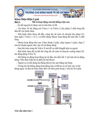 Khoa Điện-Điện Lạnh
Bài 2:             Mô tả hoạt động của hệ thống trộn sơn
  - Sơ đồ nguyên lý được mô tả trên bản vẽ 04
  - Ấn Start à tác động mở Valve 1 và Valve 2 cho phép 2 chất lỏng bắt
đầu đổ vào bình chứa.
  - Khi bình chứa được đổ đầy, công tắc dò mức di chuyển lên chạm S1,
làm ngắt 2 Valve 1 và 2, và khởi động Motor hoạt động để trộn lẫn 2 chất
lỏng.
  - Motor hoạt động như sau: Chạy thuận 5 giây, chạy ngược 5 giây; chạy 5
chu kỳ thuận ngược như vậy rồi tự động dừng.
  - Sau khi trộn xong thì Valve X mở để xả chất lõngđã trộn ra ngoài.
  - Khi bình chứa đã xả hết thì công tắc dò mức di chuyển xuống chạm S2,
tác động đóng Valve X.
  - Hệ thống tự động hoạt động lại từ đầu cho đến hết 3 mẽ trộn thì tự động
dừng. Nếu thực hiện lại ta phải ấn nút Reset.
  - Người ta có thể dừng hệ thống bất kỳ lúc nào bằng nút Stop.
  - Trong lúc hệ thống đang hoạt động mà có bất kỳ sự cố nào xảy ra thì
dừng ngay và đưa tín hiệu nháy đèn với thời gian trong 1 chu kỳ là 6 giây.




Yêu cầu như câu 1
 