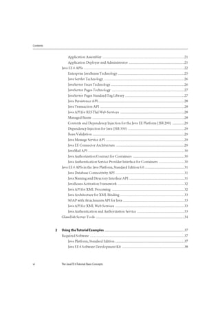 Contents
Application Assembler 21
Application Deployer and Administrator 21
Java EE 6 APIs 22
Enterprise JavaBeans Technology 25
Java Servlet Technology 26
JavaServer Faces Technology 26
JavaServer Pages Technology 27
JavaServer Pages Standard Tag Library 27
Java Persistence API 28
Java Transaction API 28
Java API for RESTful Web Services 28
Managed Beans 28
Contexts and Dependency Injection for the Java EE Platform (JSR 299) 29
Dependency Injection for Java (JSR 330) 29
Bean Validation 29
Java Message Service API 29
Java EE Connector Architecture 29
JavaMail API 30
Java Authorization Contract for Containers 30
Java Authentication Service Provider Interface for Containers 30
Java EE 6 APIs in the Java Platform, Standard Edition 6.0 31
Java Database Connectivity API 31
Java Naming and Directory Interface API 31
JavaBeans Activation Framework 32
Java API for XML Processing 32
Java Architecture for XML Binding 33
SOAP with Attachments API for Java 33
Java API for XML Web Services 33
Java Authentication and Authorization Service 33
GlassFish Server Tools 34
2 Using theTutorial Examples 37
Required Software 37
Java Platform, Standard Edition 37
Java EE 6 Software Development Kit 38
vi The Java EE 6Tutorial: Basic Concepts
 