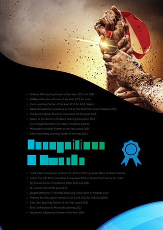• VMware APJ Learning Partner of the Year 2015 and 2014
• VMWare Education Partner of the Year 2015 for India
• Cisco Learning Partner of the Year 2015 for APJC Region
• National Award for Excellence in CSR as The Best CSR Impact Initiative 2015
• The Best Employer Brand for Innovative HR Practices 2015
• Award of Excellence in Distance Learning Education 2015
(Live Virtual Classroom) by Indian Education Awards
• Microsoft Innovative Partner of the Year award 2014
• Citrix Authorized Learning Center of the Year 2014
• ‘India’s Best Companies to Work For’ 2010 to 2015 by Great Place to Work Institute
• India's Top 100 Most Innovative Companies 2014 in People Practices by Inc. India
• EC-Council Circle of Excellence 2014, 2012 and 2011
• EC-Council ATC of the year 2014
• Largest Offshore IT Training Campus by Limca Book of Records 2014
• VMware Best Education Partner in 2013 and 2012 for India & SAARC
• Citrix Best Learning Partner of the Year award 2013
• Best Contribution to Microsoft Learning 2012
• Microsoft’s Citizenship Partner of the Year 2009
R
TM
* The PRINCE2 Accredited Training Organization logo is a trade mark of the Cabinet Office
PRINCE2®
is a registered trade mark of the Cabinet Office.
AUTHORIZED TESTING CENTER
TM
 