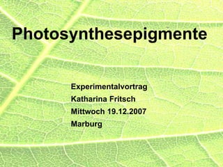 Photosynthesepigmente
Experimentalvortrag
Katharina Fritsch
Mittwoch 19.12.2007
Marburg
 