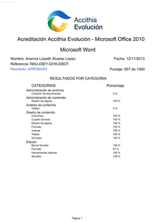 Versión 2.0.2 (19-09-2013)

Acreditación Accithia Evolución - Microsoft Office 2010
Microsoft Word
Nombre: Arianna Lizeeth Alvarez Lopez
Referencia 760U-DIEY-GI1K-EBOT
Resultado: APROBADO

Fecha: 12/11/2013
Puntaje: 857 de 1000

RESULTADOS POR CATEGORIA
CATEGORIAS

Porcentaje

Administración de archivos
Creación de documentos

0%

Administración de contenido
Diseño de página

100 %

Análisis de contenido
Tablas

0%

Diseño de contenido
Columnas
Cuadro de texto
Diseño de página
Formato
Insertar
Tablas
Vínculos

100 %
100 %
100 %
100 %
100 %
100 %
100 %

Edición
Borrar formato
Formato
Herramientas básicas
WordArt

100 %
67 %
100 %
100 %

Página 1

 