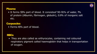 Plasma
It forms 55% part of blood. It consistsof 90-91% of water, 7%
of protein (Albumin, fibrinogen, globulin), 0.9% of inorganic salt
etc.
Corpuscles
Forms 45% part of blood.
RBCs
They are also called as erthyrocytes, containing red coloured
respiratory pigment called haemoglobin that helps in transportation
of oxygen.
 