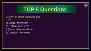 3.Girth of stem increases due
to
(a)Apical meristem
(b)Lateral meristem
(c)Intercalary meristem
(d)Vertical meristem
 