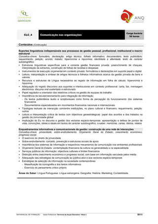 Carga horária
       CLC_4              Comunicação nas organizações
                                                                                                           50 horas


  Conteúdos (Continuação)

  Suportes linguísticos indispensáveis aos processos de gestão pessoal, profissional, institucional e macro-
  estrutural
  Conceitos-chave: formulário; declaração; artigo técnico; folheto informativo; documentário; texto publicitário;
  requerimento; petição; acordo; tratado; hiperonímia e hiponímia; identidade e alteridade; texto de carácter
  autobiográfico.
     Estruturas linguísticas específicas para a correcta gestão financeira privada: preenchimento de cheques,
     interpretação de extractos, construção de folhas de receitas e despesas
     Instrumentos de execução orçamental em contexto privado: formulários e declarações em suporte papel e digital
     Leitura, interpretação e síntese de artigos técnicos e folhetos informativos acerca da gestão privada de bens e
     valores
     Recursos e estruturas de Língua necessários ao registo de informação em folha de cálculo: hiperonímia e
     hiponímia
     Adequação do registo discursivo aos suportes e interlocutores em contexto profissional: carta, fax, mensagem
     electrónica, discurso oral sustentado e estruturado
     Papel regulador e orientador dos relatórios críticos na gestão de equipas de trabalho
     Importância da escuta/visionamento para integração de informação
     - Os textos publicitários áudio e scriptovisuais como forma de percepção do funcionamento dos sistemas
        financeiros
     - Documentários especializados em movimentos financeiros nacionais e internacionais
     Tipologias textuais de interacção com/entre instituições, no plano cultural e financeiro: requerimento, petição,
     outros
     Leitura e interpretação crítica de textos com objectivos geoestratégicas: papel dos acordos e dos tratados na
     gestão da comunidade global
     Implicação do Eu no discurso e gestão dos vectores espácio-temporais: apresentação e defesa de pontos de
     vista, convicções, ideias e ideais em textos de carácter autobiográfico, a saber, memórias, cartas, diários, relatos

  Enquadramentos informativos e comunicacionais da gestão: construção de uma rede de interacções
  Conceitos-chave: privacidade; sobre-endicidamento; Orçamento Geral do Estado; crescimento económico;
  progresso social.
     O exercício do direito de privacidade
     Sobre-endividamento: conceito, prevenção e estruturas sociais de apoio
     Importância dos sistemas de informação e respectivos mecanismos de comunicação nos ambientes profissionais
     Orçamento Geral do Estado: contemplação financeira da cultura na generalidade e na especialidade
     Serviços públicos de informação: objectivos culturais e limites financeiros
     Distinção entre crescimento económico e progresso social, com base em informação veiculada pelos média
     Adequação das estratégias de comunicação ao público-alvo e aos vectores espácio-temporais
     Estratégias de selecção de informação na sociedade contemporânea
     - Massificação da iconografia e dos textos informativos
     - Exercício do pensamento crítico próprio

  Áreas do Saber: Língua Portuguesa; Língua estrangeira; Geografia; História; Marketing; Contabilidade.




REFERENCIAL DE FORMAÇÃO    Saída Profissional: Técnico/a de Acção Educativa   Nível 3                              38/69
 