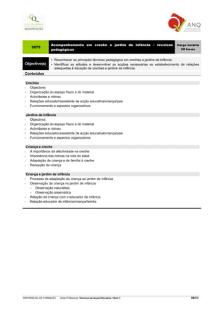 Acompanhamento em creche e jardim de infância – técnicas                       Carga horária
     3275
                   pedagógicas                                                                      50 horas


                      Reconhecer as principais técnicas pedagógica em creches e jardins de infância.
 Objectivo(s)         Identificar as atitudes e desenvolver as acções necessárias ao estabelecimento de relações
                      adequadas à situação de creches e jardins de infância.
 Conteúdos

   Creches
 •   Objectivos
 •   Organização do espaço físico e do material
 •   Actividades e rotinas
 •   Relações educador/assistente de acção educativa/criança/pais
 •   Funcionamento e aspectos organizativos

   Jardins de infância
 •   Objectivos
 •   Organização do espaço físico e do material
 •   Actividades e rotinas
 •   Relações educador/assistente de acção educativa/criança/pais
 •   Funcionamento e aspectos organizativos

   Criança e creche
 •    A importância da afectividade na creche
 •    Importância das rotinas na vida do bebé
 •    Adaptação da criança e da família à creche
 •    Recepção da criança

   Criança e jardim de infância
 •    Processo de adaptação da criança ao jardim de infância
 •    Observação da criança no jardim de infância
      −  Observação naturalista
      −  Observação sistemática
 •    Relação da criança com o educador de infância
 •    Relação educador de infância/criança/família




REFERENCIAL DE FORMAÇÃO   Saída Profissional: Técnico/a de Acção Educativa   Nível 3                       54/69
 