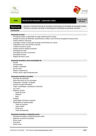 Carga horária
     3286          Técnicas de animação – expressão verbal
                                                                                                        50 horas


                      Planificar e dinamizar técnicas de animação e dinamização de actividades de expressão musical.
 Objectivo(s)
                      Planificar e executar a animação e dinamização de actividades de expressão dramática.
 Conteúdos

   Expressão musical
 •   Percepção auditiva e capacidade de reagir esteticamente à música
 •   Audição de música de diferentes características e estilos, como forma de ocupação de tempos livres
 •   Valores estéticos individuais
 •   Linguagem musical na execução de peças instrumentais e/ou vocais
 •   Criatividade vocal, instrumental e corporal
 •   Trabalho musical em grupo
 •   Análise crítica do trabalho produzido
 •   Actividades de canto
 •   Actividades de canto e movimento
 •   Actividades rítmicas
 •   Registo de ritmos e sons

   Expressão dramática como necessidade de
 •   Evasão
 •   Compensação
 •   Criação e realização
 •   Sair da rotina
 •   Reagir e empenhar-se
 •   Pensar, sentir e agir simultaneamente

   Expressão dramática na prática
 •   Liberdade de expressão
 •   Desenvolvimento de uma actividade
 •   Preparação / actuação / avaliação
 •   Sucesso de jogos dramáticos
 •   Trajos, maquilhagem, acessórios e máscaras
 •   Luz e som
 •   Materiais naturais
     −   Papel de jornal
     −   Plásticos
     −   Barro
 •   Imitação
 •   Improvisação individual e colectiva
 •   Modalidades de representação
     −   Teatro de sombras
     −   Teatro infantil
     −   Pantomima
     −   Teatro de fantoches

   Expressão dramática e integração social
 •   Expressão dramática no desenvolvimento social
 •   Aspectos concretos de actuação
 •   Senso social
 •   Autonomia
 •   Senso moral



REFERENCIAL DE FORMAÇÃO   Saída Profissional: Técnico/a de Acção Educativa   Nível 3                           63/69
 