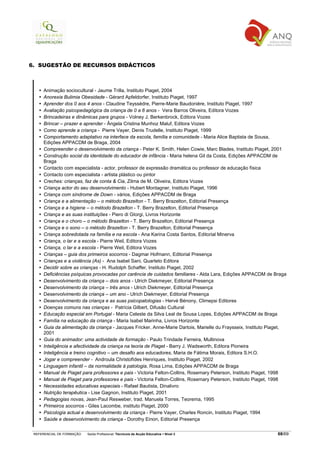 6. SUGESTÃO DE RECURSOS DIDÁCTICOS



     Animação sociocultural - Jaume Trilla, Instituto Piaget, 2004
     Anorexia Bulimia Obesidade - Gérard Apfeldorfer, Instituto Piaget, 1997
     Aprender dos 0 aos 4 anos - Claudine Teyssèdre, Pierre-Marie Baudonière, Instituto Piaget, 1997
     Avaliação psicopedagógica da criança de 0 a 6 anos - Vera Barros Oliveira, Editora Vozes
     Brincadeiras e dinâmicas para grupos - Volney J. Berkenbrock, Editora Vozes
     Brincar – prazer e aprender - Ângela Cristina Munhoz Maluf, Editora Vozes
     Como aprende a criança - Pierre Vayer, Denis Trudelle, Instituto Piaget, 1999
     Comportamento adaptativo na interface da escola, família e comunidade - Maria Alice Baptista de Sousa,
     Edições APPACDM de Braga, 2004
     Compreender o desenvolvimento da criança - Peter K. Smith, Helen Cowie, Marc Blades, Instituto Piaget, 2001
     Construção social da identidade do educador de infância - Maria helena Gil da Costa, Edições APPACDM de
     Braga
     Contacto com especialista - actor, professor de expressão dramática ou professor de educação física
     Contacto com especialista - artista plástico ou pintor
     Creches: crianças, faz de conta & Cia, Zilma de M. Oliveira, Editora Vozes
     Criança actor do seu desenvolvimento - Hubert Montagner, Instituto Piaget, 1996
     Criança com síndrome de Down - vários, Edições APPACDM de Braga
     Criança e a alimentação – o método Brazelton - T. Berry Brazelton, Editorial Presença
     Criança e a higiene – o método Brazelton - T. Berry Brazelton, Editorial Presença
     Criança e as suas instituições - Piero di GIorgi, Livros Horizonte
     Criança e o choro – o método Brazelton - T. Berry Brazelton, Editorial Presença
     Criança e o sono – o método Brazelton - T. Berry Brazelton, Editorial Presença
     Criança sobredotada na família e na escola - Ana Karina Costa Santos, Editorial Minerva
     Criança, o lar e a escola - Pierre Weil, Editora Vozes
     Criança, o lar e a escola - Pierre Weil, Editora Vozes
     Crianças – guia dos primeiros socorros - Dagmar Hofmann, Editorial Presença
     Crianças e a violência (As) - Ana Isabel Sani, Quarteto Editora
     Decidir sobre as crianças - H. Rudolph Schaffer, Instituto Piaget, 2002
     Deficiências psíquicas provocadas por carência de cuidados familiares - Alda Lara, Edições APPACDM de Braga
     Desenvolvimento da criança – dois anos - Ulrich Diekmeyer, Editorial Presença
     Desenvolvimento da criança – três anos - Ulrich Diekmeyer, Editorial Presença
     Desenvolvimento da criança – um ano - Ulrich Diekmeyer, Editorial Presença
     Desenvolvimento da criança e as suas psicopatologias - Hervé Bénony, Climepsi Editores
     Doenças comuns nas crianças - Patrícia Gilbert, Difusão Cultural
     Educação especial em Portugal - Maria Celeste da Silva Leal de Sousa Lopes, Edições APPACDM de Braga
     Família na educação da criança - Maria Isabel Marinha, Livros Horizonte
     Guia da alimentação da criança - Jacques Fricker, Anne-Marie Dartois, Marielle du Fraysseix, Instituto Piaget,
     2001
     Guia do animador: uma actividade de formação - Paulo Trindade Ferreira, Multinova
     Inteligência e afectividade da criança na teoria de Piaget - Barry J. Wadsworth, Editora Pioneira
     Inteligência e treino cognitivo – um desafio aos educadores, Maria de Fátima Morais, Editora S.H.O.
     Jogar e compreender - Androula Christofìdes Henriques, Instituto Piaget, 2002
     Linguagem infantil – da normalidade à patologia, Rosa Lima, Edições APPACDM de Braga
     Manual de Piaget para professores e pais - Victoria Felton-Collins, Rosemary Peterson, Instituto Piaget, 1998
     Manual de Piaget para professores e pais - Victoria Felton-Collins, Rosemary Peterson, Instituto Piaget, 1998
     Necessidades educativas especiais - Rafael Bautista, Dinalivro
     Nutrição terapêutica - Lise Gagnon, Instituto Piaget, 2001
     Pedagogias novas, Jean-Paul Resweber, trad. Manuela Torres, Teorema, 1995
     Primeiros socorros - Giles Lacombe, instituto Piaget, 2000
     Psicologia actual e desenvolvimento da criança - Pierre Vayer, Charles Roncin, Instituto Piaget, 1994
     Saúde e desenvolvimento da criança - Dorothy Einon, Editorial Presença

 REFERENCIAL DE FORMAÇÃO   Saída Profissional: Técnico/a de Acção Educativa   Nível 3                          68/69
 