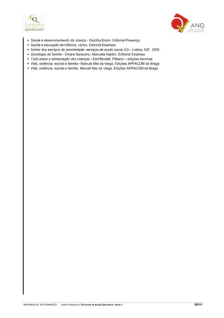 Saúde e desenvolvimento da criança - Dorothy Einon, Editorial Presença
    Saúde e educação da infância, vários, Editorial Estampa
    Sector dos serviços de proximidade: serviços de acção social (O) – Lisboa, IQF, 2005
    Sociologia da família - Chiara Saraceno, Manuela Naldini, Editorial Estampa
    Tudo sobre a alimentação das crianças - Earl Mindell, Plátano – edições técnicas
    Vida, violência, escola e família - Manuel Alte da Veiga, Edições APPACDM de Braga
    Vida, violência, escola e família, Manuel Alte da Veiga, Edições APPACDM de Braga




REFERENCIAL DE FORMAÇÃO   Saída Profissional: Técnico/a de Acção Educativa   Nível 3       69/69
 