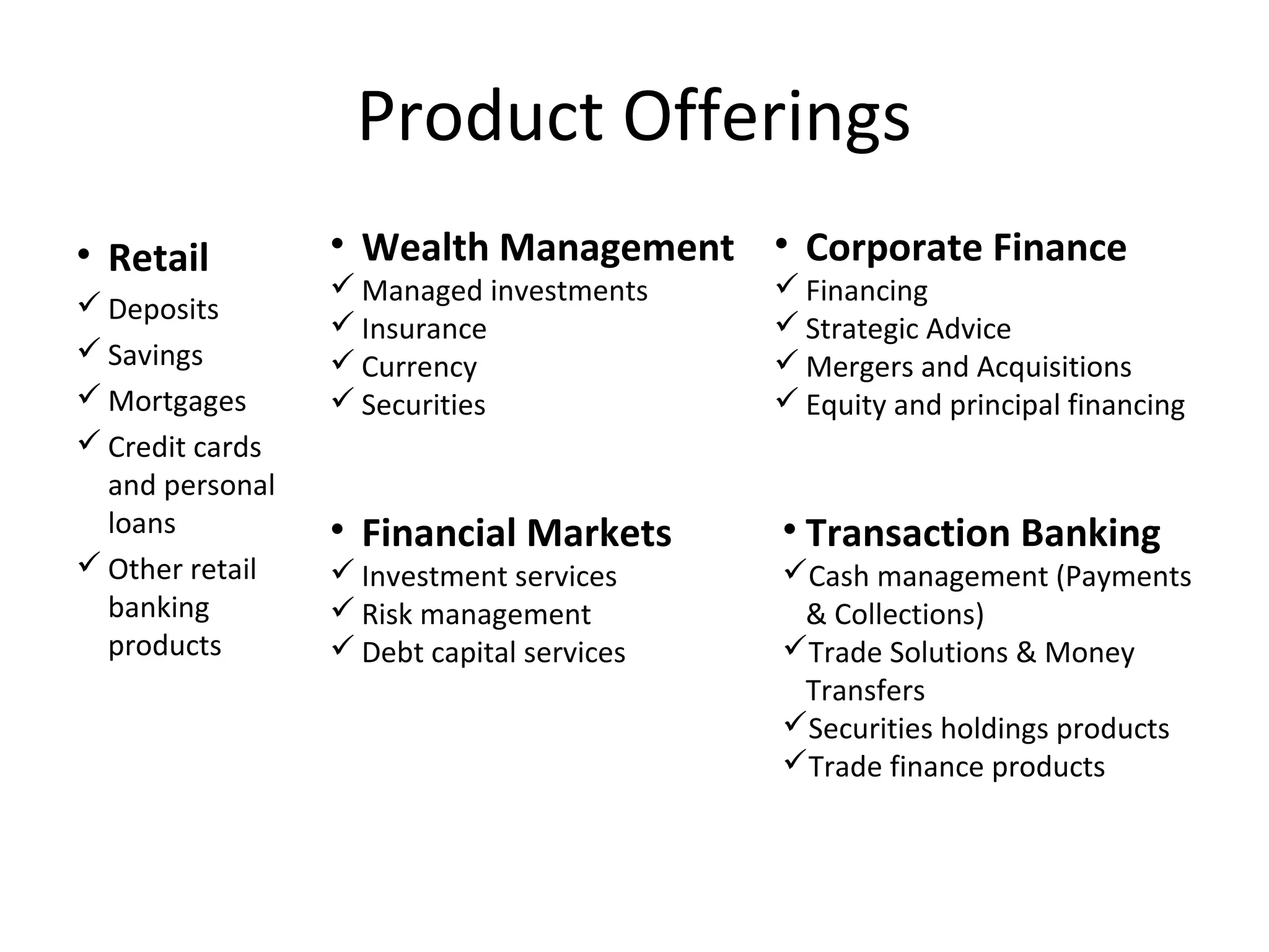 Product Offerings
• Retail
 Deposits
 Savings
 Mortgages
 Credit cards
and personal
loans
 Other retail
banking
products
• Wealth Management
 Managed investments
 Insurance
 Currency
 Securities
• Transaction Banking
Cash management (Payments
& Collections)
Trade Solutions & Money
Transfers
Securities holdings products
Trade finance products
• Corporate Finance
 Financing
 Strategic Advice
 Mergers and Acquisitions
 Equity and principal financing
• Financial Markets
 Investment services
 Risk management
 Debt capital services
 