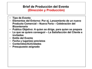 Brief de Producción del Evento  (Dirección y Producción) Tipo de Evento Elementos del Entorno: Por ej. Lanzamiento de un nuevo Producto Comercial – Nueva Feria – Celebración del Bicentenario Publico Objetivo: A quien se dirige, para quien se prepara Lo que se quiere conseguir – La Satisfacción del Cliente e invitados Estilo del Evento Fecha y lugar(es) previstos Contenidos/Actividades Presupuesto asignado 