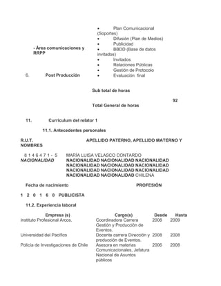 •        Plan Comunicacional
                                        (Soportes)
                                        •        Difusión (Plan de Medios)
                                        •        Publicidad
        - Área comunicaciones y         •        BBDD (Base de datos
        RRPP                            invitados)
                                        •        Invitados
                                        •        Relaciones Públicas
                                        •        Gestión de Protocolo
  6.         Post Producción            •        Evaluación final


                                      Sub total de horas

                                                                             92
                                      Total General de horas


  11.          Curriculum del relator 1

            11.1. Antecedentes personales

R.U.T.                            APELLIDO PATERNO, APELLIDO MATERNO Y
NOMBRES

 8146471- 5             MARÍA LUISA VELASCO CONTARDO
NACIONALIDAD            NACIONALIDAD NACIONALIDAD NACIONALIDAD
                        NACIONALIDAD NACIONALIDAD NACIONALIDAD
                        NACIONALIDAD NACIONALIDAD NACIONALIDAD
                        NACIONALIDAD NACIONALIDAD CHILENA

  Fecha de nacimiento                                       PROFESIÓN

1 2 0 1 6 0 PUBLICISTA

  11.2. Experiencia laboral

              Empresa (s)                       Cargo(s)            Desde   Hasta
Instituto Profesional Arcos.           Coordinadora Carrera        2008   2009
                                       Gestión y Producción de
                                       Eventos.
Universidad del Pacífico               Docente carrera Dirección y 2008   2008
                                       producción de Eventos.
Policía de Investigaciones de Chile    Asesora en materias         2006   2008
                                       Comunicacionales, Jefatura
                                       Nacional de Asuntos
                                       públicos
 
