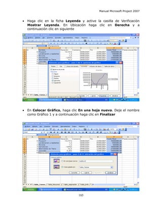 Manual Microsoft Project 2007


•   Haga clic en la ficha Leyenda y active la casilla de Verificación
    Mostrar Leyenda. En Ubicación haga clic en Derecha y a
    continuación clic en siguiente




•   En Colocar Gráfico, haga clic En una hoja nueva. Deje el nombre
    como Gráfico 1 y a continuación haga clic en Finalizar




                                 185
 