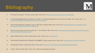 Bibliography
(1) "AJ Rompza Too Small 2." YouTube. YouTube. Web. 10 Dec. 2014. <https://www.youtube.com/watch?v=4pVn5mloaK0>.
(2) "The Ultimate Basketball Shoes: The D Rose 4 by Adidas." The Ultimate Basketball Shoes: The D Rose 4 by Adidas. Web. 10 Dec. 2014. <http:
//airows.com/the-ultimate-basketball-shoes-the-d-rose-4-by-adidas/>.
(3) "Iman Shumpert Responds to Kendrick Lamar in Latest Song." Bleacher Report. Web. 10 Dec. 2014. <http://bleacherreport.com/articles/1737947-
iman-shumpert-responds-to-kendrick-in-latest-song>.
(4) "Marcus and Jeff Jordan Launch "Heir Jordan" Ep. 1." 30 and Beyond. Web. 10 Dec. 2014. <http://30sandbeyond.wordpress.com/2012/03/01/marcus-
and-jeff-jordan-launch-heir-jordan-ep-1/>.
(5) "Make-A-Wish® America." Make-A-Wish® America. Web. 10 Dec. 2014. <http://wish.org/>.
(6) "FOR HELPING FAMILIES FIND STRENGTH IN NUMBERS." Season-of-giving. Web. 10 Dec. 2014. <http://www.rmhc.org/season-of-giving>.
(7) "Chicago Bulls Charities." Chicago Bulls. Web. 10 Dec. 2014. <http://www.nba.com/bulls/community/chicagobullscharities.html>.
(8) "Charity." Terrapin 5K RSS. Web. 10 Dec. 2014. <http://www.terrapin5k.com/charity/>.
 