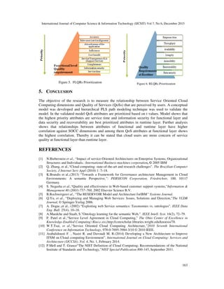 International Journal of Computer Science & Information Technology (IJCSIT) Vol 7, No 6, December 2015
163
Figure 5. FLQRs Prioritization
5. CONCLUSION
The objective of the research is to measure the relationship between Service Oriented Cloud
Computing dimensions and Quality of Services (QoSs) that are perceived by users. A conceptual
model was developed and hierarchical PLS path modeling technique was used to validate the
model. In the validated model QoS attributes are prioritized based on t values. Model shows that
the highest priority attributes are service time and information security for functional layer and
data security and recoverability are best prioritized attributes in runtime layer. Further analysis
shows that relationships between attributes of functional and runtime layer have higher
correlation against SOCC dimensions and among them QoS attributes at functional layer shows
the highest correlation. Thereby it can be stated that cloud users are more concern of service
quality at functional layer than runtime layer.
REFERENCES
[1] N.Bieberstein et al., “Impact of service-Oriented Architectures on Enterprise Systems, Organizational
Structures and Individuals,: International Business machines corporation, © 2005 IBM
[2] Q. Zhang, et al.,“Cloud computing: state-of-the-art and research challenges”. The Brazilian Computer
Society, J Internet Serv Appl (2010) 1: 7–18.
[3] K.Brandis et al.,(2013) “Towards a Framework for Governance architecture Management in Cloud
Environments: A semantic Perspective,”: PERSICON Corporation, Friedrichstr, 100, 10117
Germany.
[4] S. Negasha et al.,“Quality and effectiveness in Web-based customer support systems,”Information &
Management 40 (2003) 757–768, 2002 Elsevier Science B.V.
[5] B.Rochwergeret al., “The RESERVOIR Model and Architecture forIBM” Systems Journal.
[6] Q.Yu, et al., “Deploying and Managing Web Services: Issues, Solutions and Direction,”The VLDB
Journal, © Springer-Verlag 2006.
[7] A. Dogac.,et al., (2002) “Exploiting web Service semantics: Taxonomies vs. ontologies”. IEEE Data
Eng. Bull. 25(4), 10–16.
[8] A.Maedche and Staab, S.”Ontology learning for the semantic Web,”. IEEE Intell. Syst. 16(2), 72–79.
[9] P. Patel et al.,“Service Level Agreement in Cloud Computing,” The Ohio Center of Excellence in
Knowledge-Enabled Computing (Kno.e.sis),http://corescholar.libraries.wright.edu/knoesis/78.
[10] W.T.Tsai, et al.,“Service Oriented Cloud Computing Architecture,”2010 Seventh International
Conference on Information Technology, 978-0-7695-3984-3/10 © 2010 IEEE.
[11] Arabalidousti F. , Nasiri R. and Davoudi M. R.(2014) Developing a New Architecture to Improve
ITSM on Cloud computing Environment”, International Journal on Cloud Computing: Services and
Architecture (IJCCSA) ,Vol. 4, No. 1, February 2014.
[12] P.Mell and T. Grance“The NIST Definition of Cloud Computing; Recommendations of the National
Institute of Standards and Technology,”NIST Special Publication 800-145, September 2011.
Figure 6. RLQRs Prioritization
 