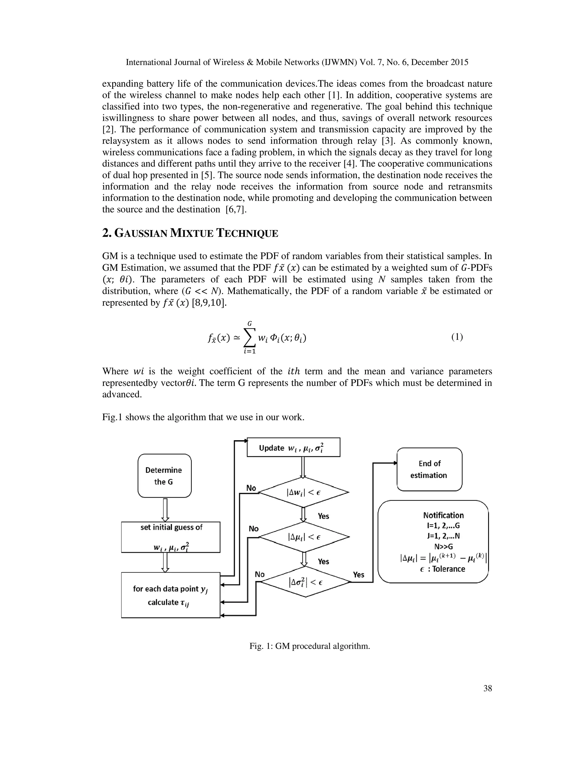 International Journal of Wireless & Mobile Networks (IJWMN) Vol. 7, No. 6, December 2015
expanding battery life of the communication devices.
of the wireless channel to make nodes help each other
classified into two types, the non
iswillingness to share power between all nodes, and thus, savings of overall network resources
[2]. The performance of communicatio
relaysystem as it allows nodes to send information through relay
wireless communications face a fading problem, in which the signals decay as they travel for long
distances and different paths until they arrive to the receiver
of dual hop presented in [5]. The source node sends information, the destination node receives the
information and the relay node receives the information from source node and
information to the destination node, while promoting and developing the communication between
the source and the destination [6
2. GAUSSIAN MIXTUE TECHNIQUE
GM is a technique used to estimate the
GM Estimation, we assumed that the PDF
(‫;ݔ‬ ߠ݅). The parameters of each PDF will be estimated using
distribution, where (‫ܩ‬ << N). Mathematically, the PDF of a random variable
represented by ݂‫̃ݔ‬ (‫)ݔ‬ [8,9,10].
݂௫෤(‫)ݔ‬
Where ‫݅ݓ‬ is the weight coefficient of the
representedby vectorߠ݅. The term G represents the number of PDFs which must be determined in
advanced.
Fig.1 shows the algorithm that we use in our work.
nternational Journal of Wireless & Mobile Networks (IJWMN) Vol. 7, No. 6, December 2015
ing battery life of the communication devices.The ideas comes from the broadcast nature
of the wireless channel to make nodes help each other [1]. In addition, cooperative systems are
into two types, the non-regenerative and regenerative. The goal behind this technique
iswillingness to share power between all nodes, and thus, savings of overall network resources
. The performance of communication system and transmission capacity are improved by the
relaysystem as it allows nodes to send information through relay [3]. As commonly known,
wireless communications face a fading problem, in which the signals decay as they travel for long
distances and different paths until they arrive to the receiver [4]. The cooperative communications
. The source node sends information, the destination node receives the
information and the relay node receives the information from source node and
information to the destination node, while promoting and developing the communication between
[6,7].
ECHNIQUE
is a technique used to estimate the PDF of random variables from their statistical samples. In
GM Estimation, we assumed that the PDF ݂‫̃ݔ‬ (‫)ݔ‬ can be estimated by a weighted sum of
. The parameters of each PDF will be estimated using N samples taken from the
). Mathematically, the PDF of a random variable ‫̃ݔ‬ be estimated or
≃ ෍ ‫ݓ‬௜
ீ
௜ୀଵ
ߔ௜(‫;ݔ‬ ߠ௜)
is the weight coefficient of the ݅‫ݐ‬ℎ term and the mean and variance parameters
The term G represents the number of PDFs which must be determined in
shows the algorithm that we use in our work.
Fig. 1: GM procedural algorithm.
nternational Journal of Wireless & Mobile Networks (IJWMN) Vol. 7, No. 6, December 2015
38
The ideas comes from the broadcast nature
. In addition, cooperative systems are
regenerative and regenerative. The goal behind this technique
iswillingness to share power between all nodes, and thus, savings of overall network resources
n system and transmission capacity are improved by the
. As commonly known,
wireless communications face a fading problem, in which the signals decay as they travel for long
he cooperative communications
. The source node sends information, the destination node receives the
information and the relay node receives the information from source node and retransmits
information to the destination node, while promoting and developing the communication between
of random variables from their statistical samples. In
can be estimated by a weighted sum of ‫-ܩ‬PDFs
samples taken from the
be estimated or
(1)
variance parameters
The term G represents the number of PDFs which must be determined in
 