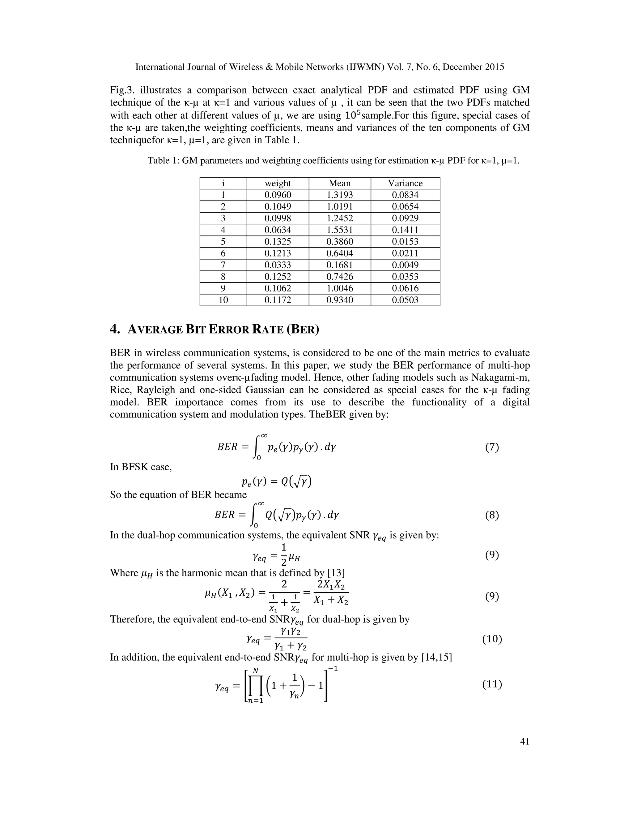 International Journal of Wireless & Mobile Networks (IJWMN) Vol. 7, No. 6, December 2015
41
Fig.3. illustrates a comparison between exact analytical PDF and estimated PDF using GM
technique of the κ-µ at κ=1 and various values of µ , it can be seen that the two PDFs matched
with each other at different values of µ, we are using 10ହ
sample.For this figure, special cases of
the κ-µ are taken,the weighting coefficients, means and variances of the ten components of GM
techniquefor κ=1, µ=1, are given in Table 1.
Table 1: GM parameters and weighting coefficients using for estimation κ-µ PDF for κ=1, µ=1.
i weight Mean Variance
1 0.0960 1.3193 0.0834
2 0.1049 1.0191 0.0654
3 0.0998 1.2452 0.0929
4 0.0634 1.5531 0.1411
5 0.1325 0.3860 0.0153
6 0.1213 0.6404 0.0211
7 0.0333 0.1681 0.0049
8 0.1252 0.7426 0.0353
9 0.1062 1.0046 0.0616
10 0.1172 0.9340 0.0503
4. AVERAGE BIT ERROR RATE (BER)
BER in wireless communication systems, is considered to be one of the main metrics to evaluate
the performance of several systems. In this paper, we study the BER performance of multi-hop
communication systems overκ-µfading model. Hence, other fading models such as Nakagami-m,
Rice, Rayleigh and one-sided Gaussian can be considered as special cases for the κ-µ fading
model. BER importance comes from its use to describe the functionality of a digital
communication system and modulation types. TheBER given by:
‫ܴܧܤ‬ ൌ න ‫݌‬௘ሺߛ)‫݌‬ఊሺߛ)
ஶ
଴
. ݀ߛ ሺ7)	
In BFSK case,
‫݌‬௘ሺߛ) ൌ ܳ൫ඥߛ൯ 	
So the equation of BER became
‫ܴܧܤ‬ ൌ න ܳ൫ඥߛ൯‫݌‬ఊሺߛ)
ஶ
଴
. ݀ߛ ሺ8)	
In the dual-hop communication systems, the equivalent SNR ߛ௘௤ is given by:
ߛ௘௤ ൌ
1
2
ߤு ሺ9)	
Where ߤு is the harmonic mean that is defined by [13]
ߤுሺܺଵ	, ܺଶ) ൌ
2
ଵ
௑భ
൅
ଵ
௑మ
ൌ
2ܺଵܺଶ
ܺଵ ൅ ܺଶ
ሺ9)	
Therefore, the equivalent end-to-end SNRߛ௘௤ for dual-hop is given by
ߛ௘௤ ൌ
ߛଵߛଶ
ߛଵ ൅ ߛଶ
ሺ10)	
In addition, the equivalent end-to-end SNRߛ௘௤ for multi-hop is given by [14,15]
ߛ௘௤ ൌ ൥ෑ ൬1 ൅
1
ߛ௡
൰ െ 1
ே
௡ୀଵ
൩
ିଵ
ሺ11)	
	
 